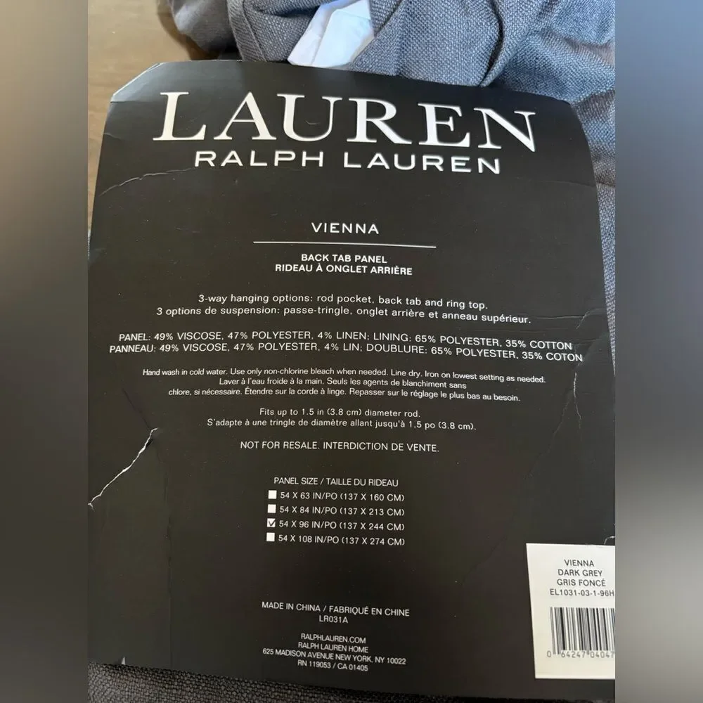 Lauren Ralph Lauren Vienna Back Tab Rod Pocket Single Panel - 54x96 - Dark Grey